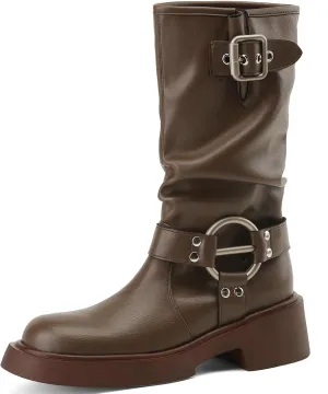 KysBloes Slouch Mid Calf Boots for Women Square Toe Motorcycle Boot Chunky Heel Biker Boots with Buckle Comfortable Boots