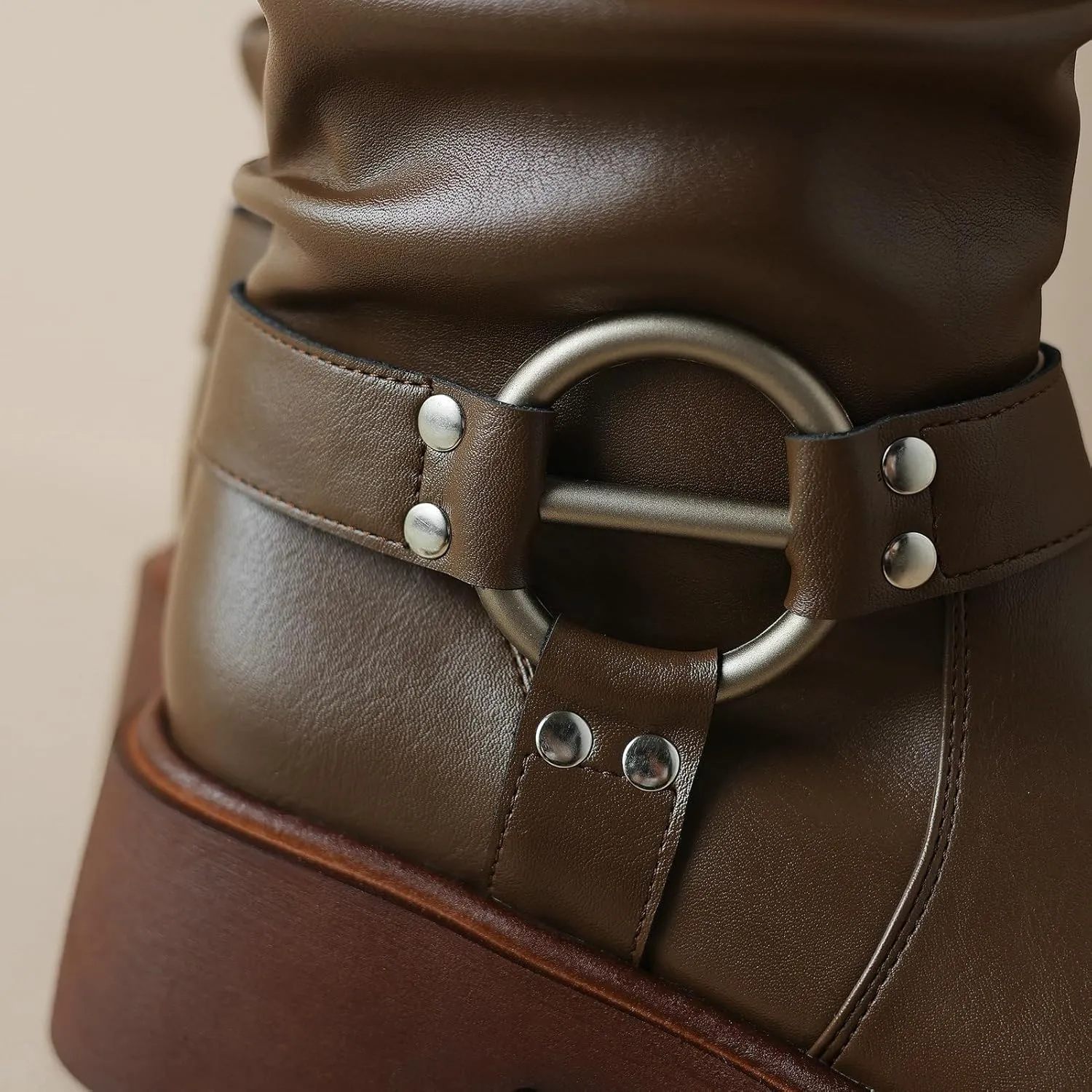 KysBloes Slouch Mid Calf Boots for Women Square Toe Motorcycle Boot Chunky Heel Biker Boots with Buckle Comfortable Boots