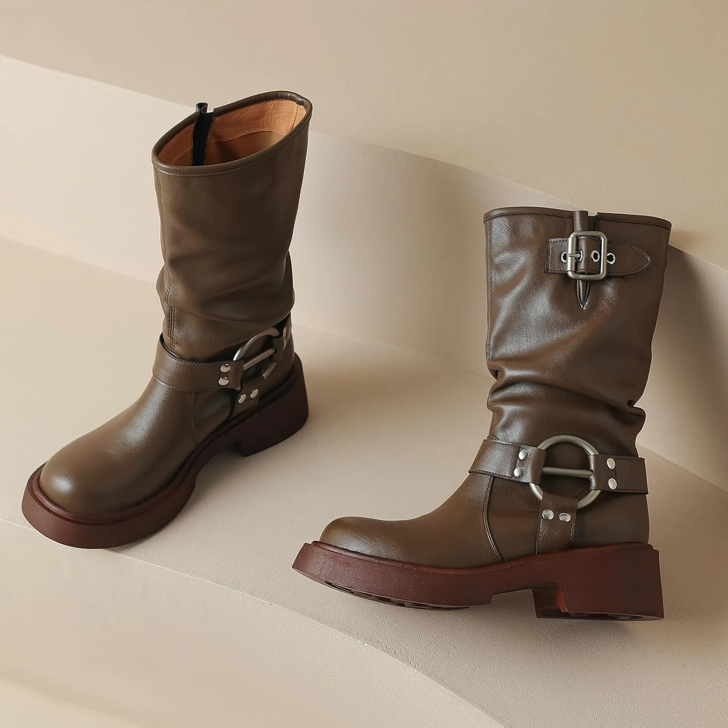 KysBloes Slouch Mid Calf Boots for Women Square Toe Motorcycle Boot Chunky Heel Biker Boots with Buckle Comfortable Boots
