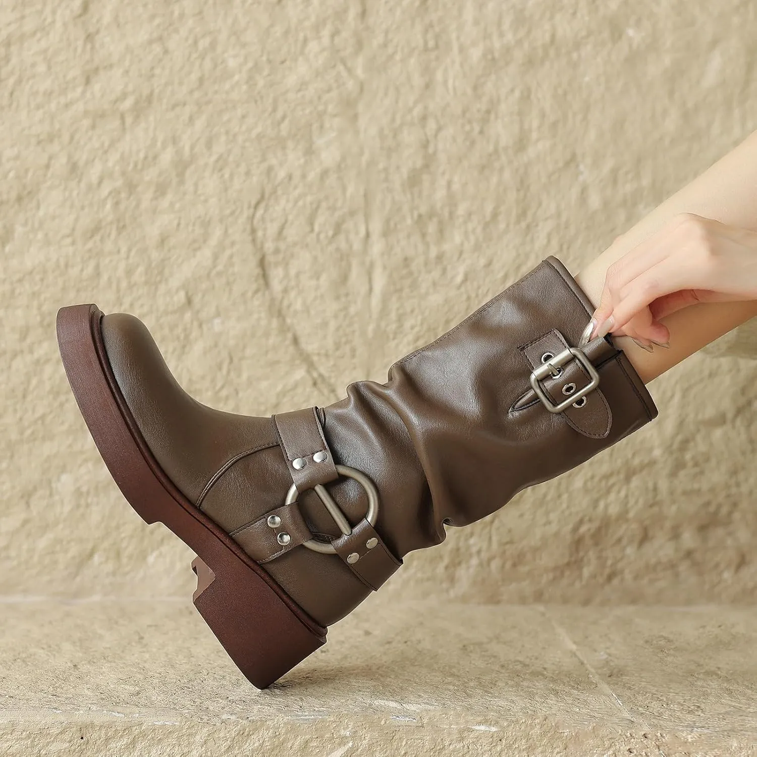 KysBloes Slouch Mid Calf Boots for Women Square Toe Motorcycle Boot Chunky Heel Biker Boots with Buckle Comfortable Boots