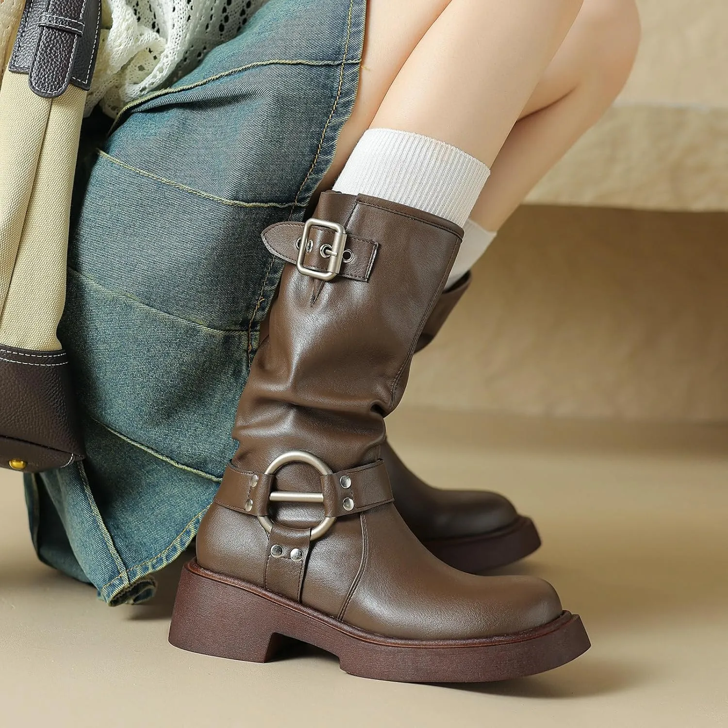 KysBloes Slouch Mid Calf Boots for Women Square Toe Motorcycle Boot Chunky Heel Biker Boots with Buckle Comfortable Boots