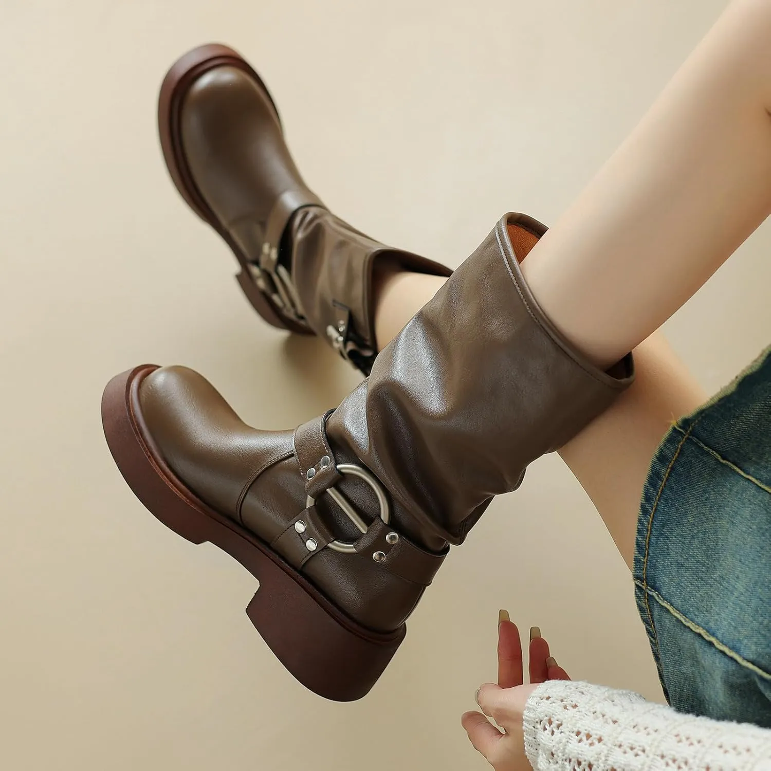 KysBloes Slouch Mid Calf Boots for Women Square Toe Motorcycle Boot Chunky Heel Biker Boots with Buckle Comfortable Boots