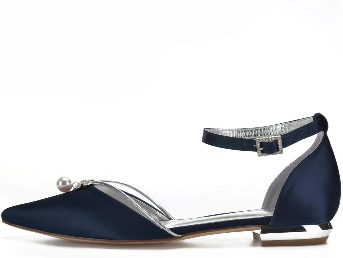 Lady Elegant Pointed Toe Satin Dress Flats Shoes with Pearl and Crystals
