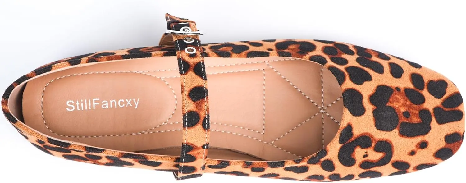 Leopard Flats for Women Mesh Ballet Flats Mary Jane Animal Print Shoes Slip On Casual Breathable Ballerina Flats