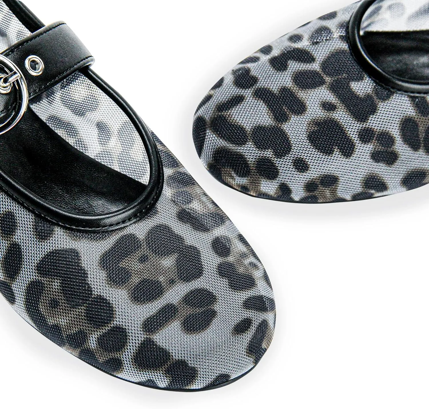 Leopard Mesh Ballet Flats for Women Round Toe Buckle Flats Slip on Mesh Mary Jane Flats Comfortable Ballerina Shoes Casual Office Shoes