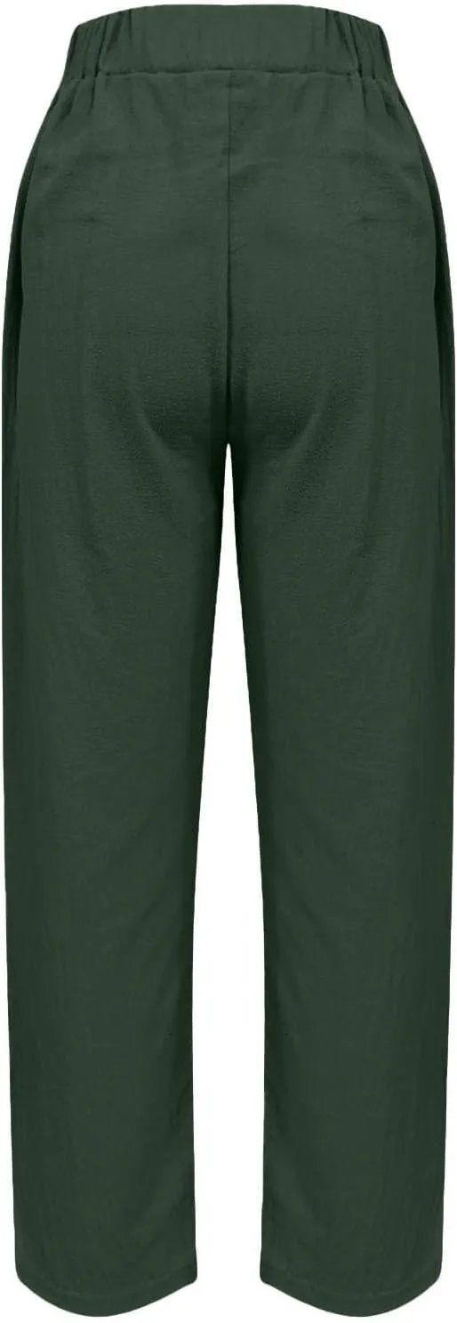 Linen Pants for Women 2025 Summer Casual Elastic High Waisted Lounge Pant Lightweight Straight Leg Pocketed Trousers