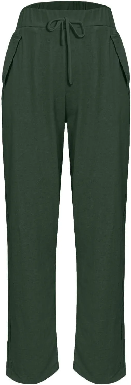 Linen Pants for Women 2025 Summer Casual Elastic High Waisted Lounge Pant Lightweight Straight Leg Pocketed Trousers