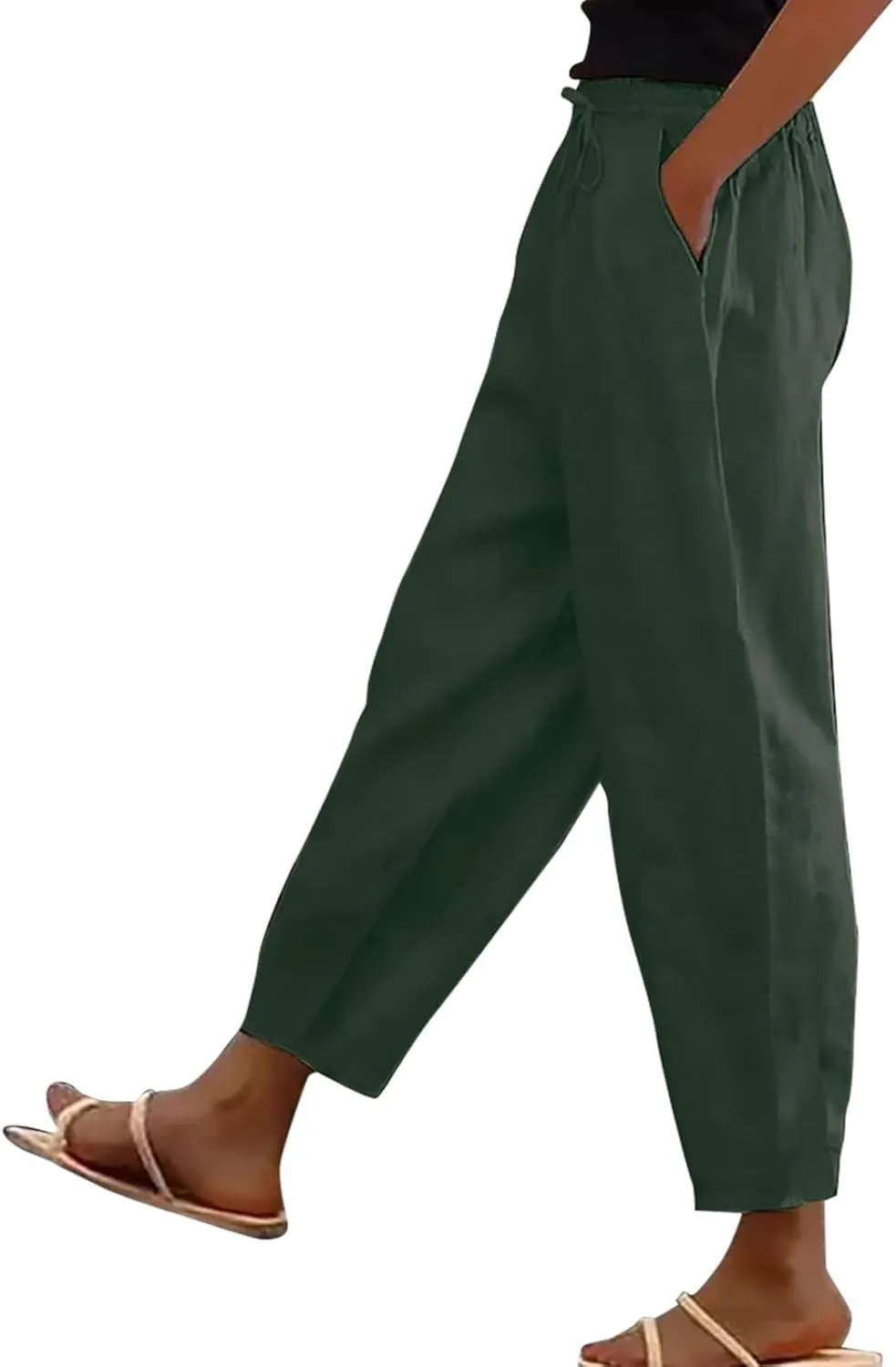 Linen Pants for Women 2025 Summer Casual Elastic High Waisted Lounge Pant Lightweight Straight Leg Pocketed Trousers