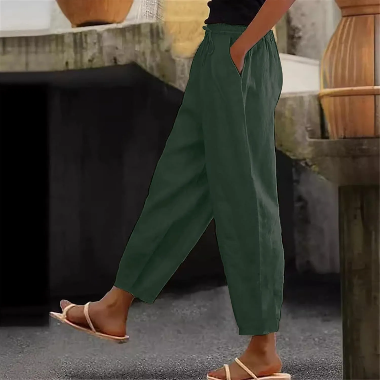 Linen Pants for Women 2025 Summer Casual Elastic High Waisted Lounge Pant Lightweight Straight Leg Pocketed Trousers