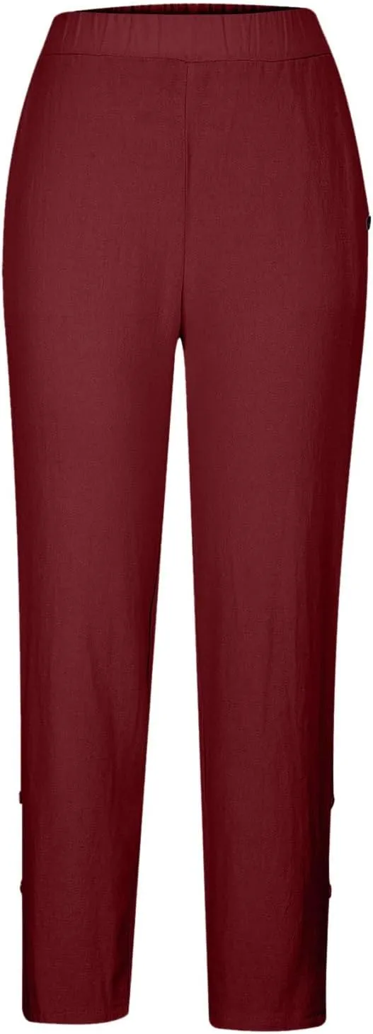 Linen Pants for Women 2025 Summer Casual Elastic High Waisted Lounge Pant Lightweight Straight Leg Pocketed Trousers