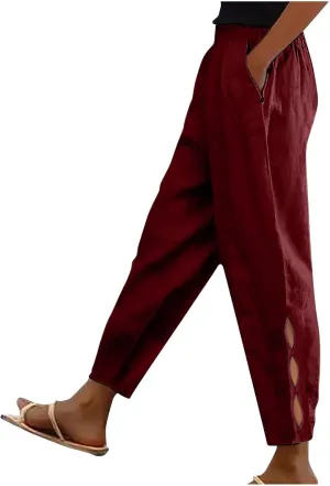 Linen Pants for Women 2025 Summer Casual Elastic High Waisted Lounge Pant Lightweight Straight Leg Pocketed Trousers