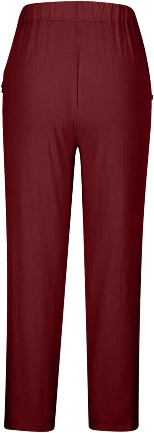Linen Pants for Women 2025 Summer Casual Elastic High Waisted Lounge Pant Lightweight Straight Leg Pocketed Trousers