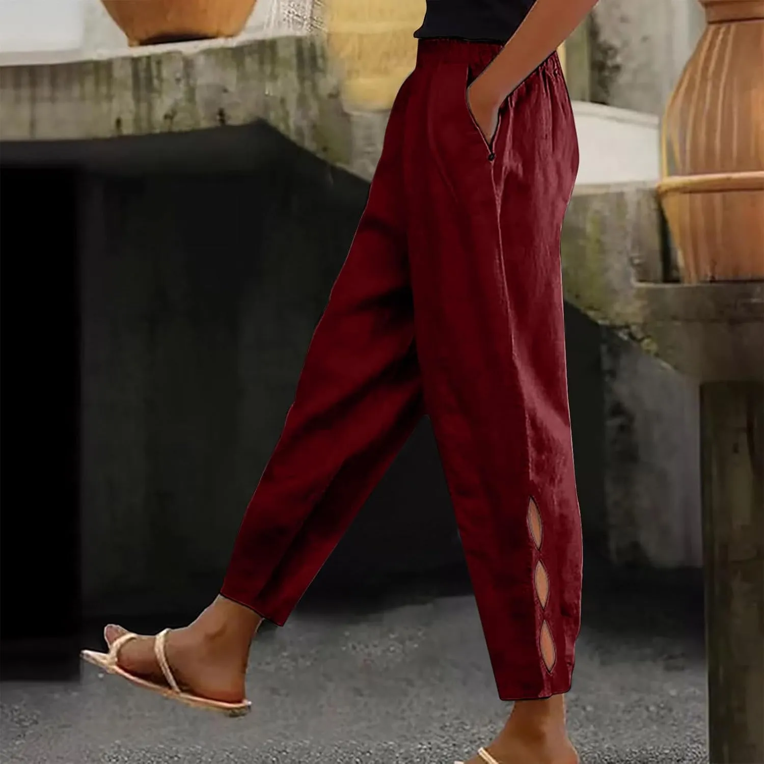 Linen Pants for Women 2025 Summer Casual Elastic High Waisted Lounge Pant Lightweight Straight Leg Pocketed Trousers