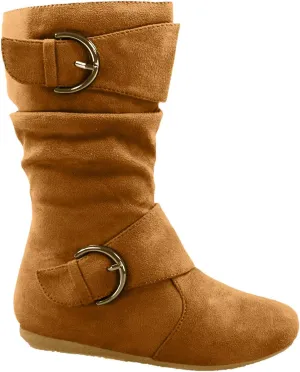 Link Klein-70K Girl's Kid's Faux Suede Two Buckle Zipper Flat Heel Mid Calf Slouchy Boot Shoes