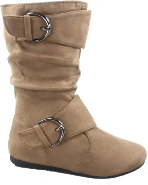 Link Klein-70K Girl's Kid's Faux Suede Two Buckle Zipper Flat Heel Mid Calf Slouchy Boot Shoes