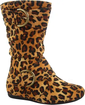Link Klein-70K Girl's Kid's Faux Suede Two Buckle Zipper Flat Heel Mid Calf Slouchy Boot Shoes