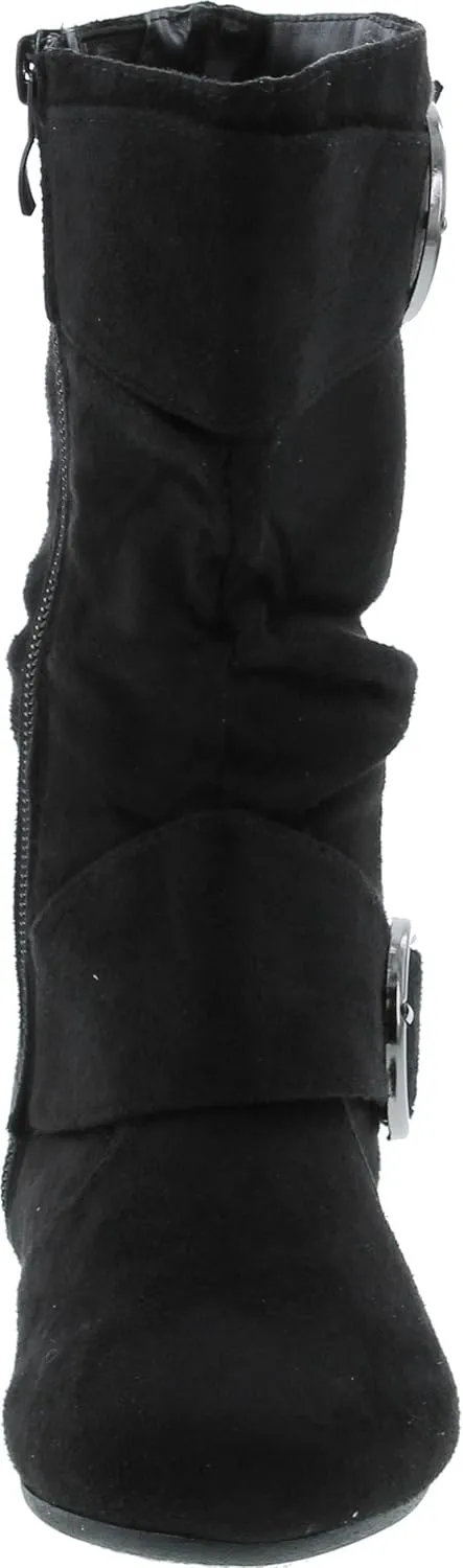 Link Klein-70K Girl's Kid's Faux Suede Two Buckle Zipper Flat Heel Mid Calf Slouchy Boot Shoes