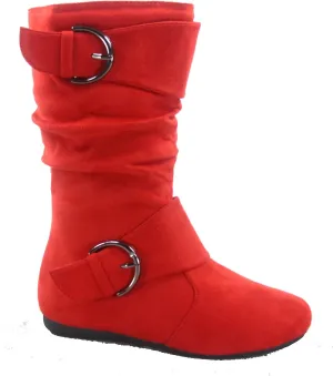 Link Klein-70K Girl's Kid's Faux Suede Two Buckle Zipper Flat Heel Mid Calf Slouchy Boot Shoes