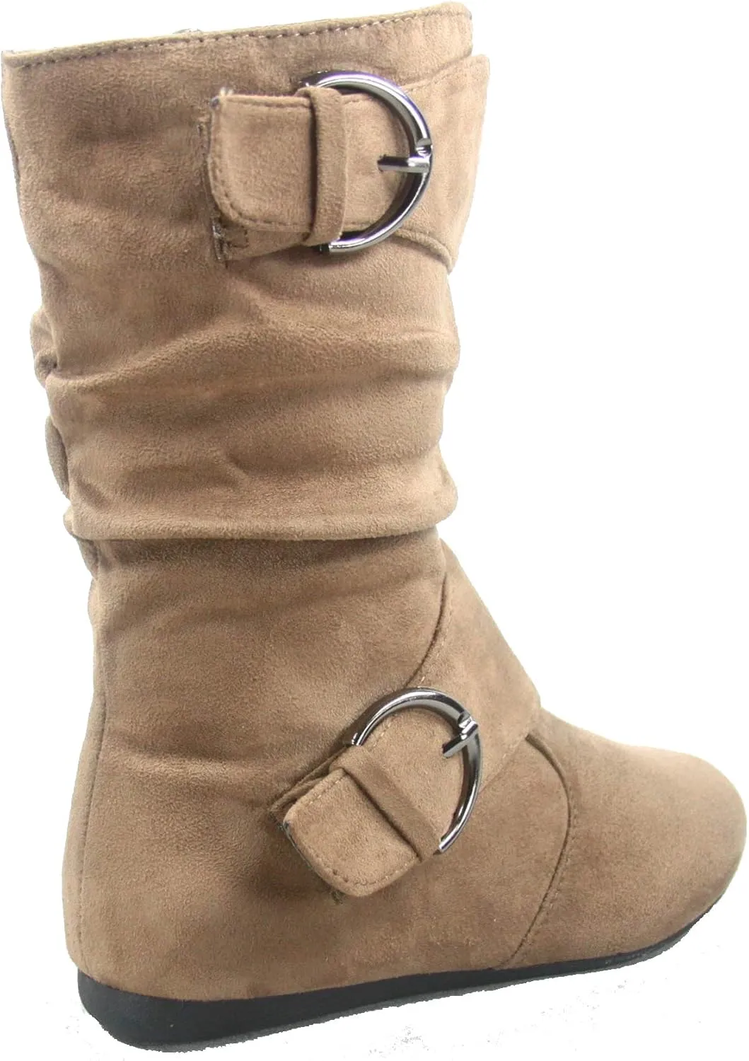 Link Klein-70K Girl's Kid's Faux Suede Two Buckle Zipper Flat Heel Mid Calf Slouchy Boot Shoes