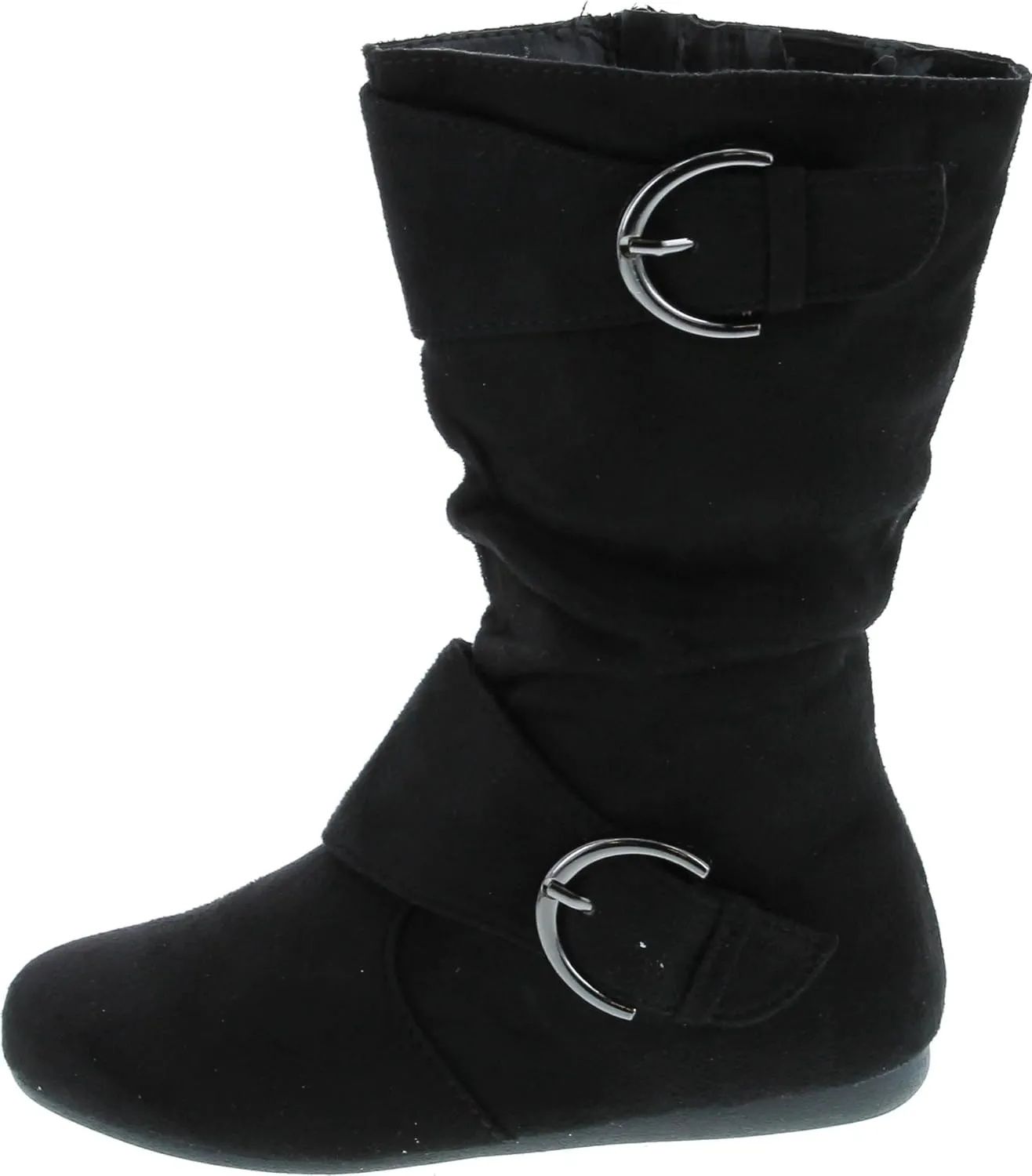 Link Klein-70K Girl's Kid's Faux Suede Two Buckle Zipper Flat Heel Mid Calf Slouchy Boot Shoes