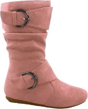 Link Klein-70K Girl's Kid's Faux Suede Two Buckle Zipper Flat Heel Mid Calf Slouchy Boot Shoes