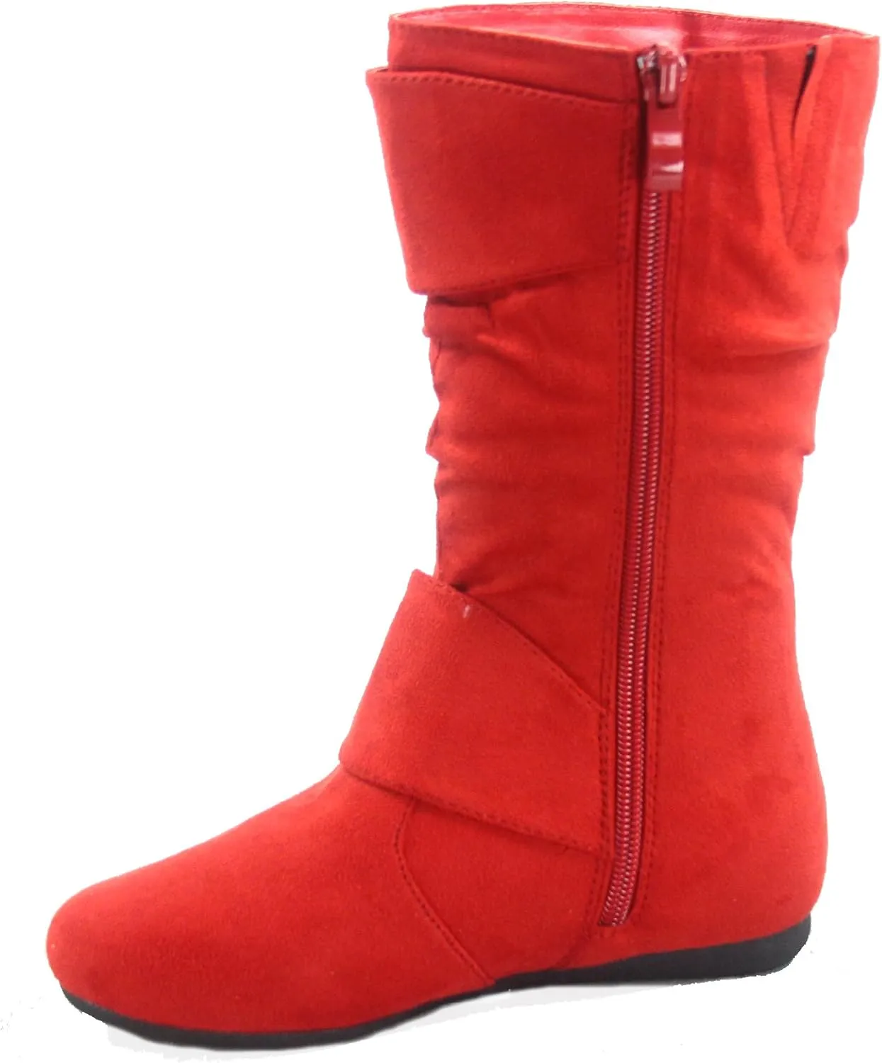 Link Klein-70K Girl's Kid's Faux Suede Two Buckle Zipper Flat Heel Mid Calf Slouchy Boot Shoes