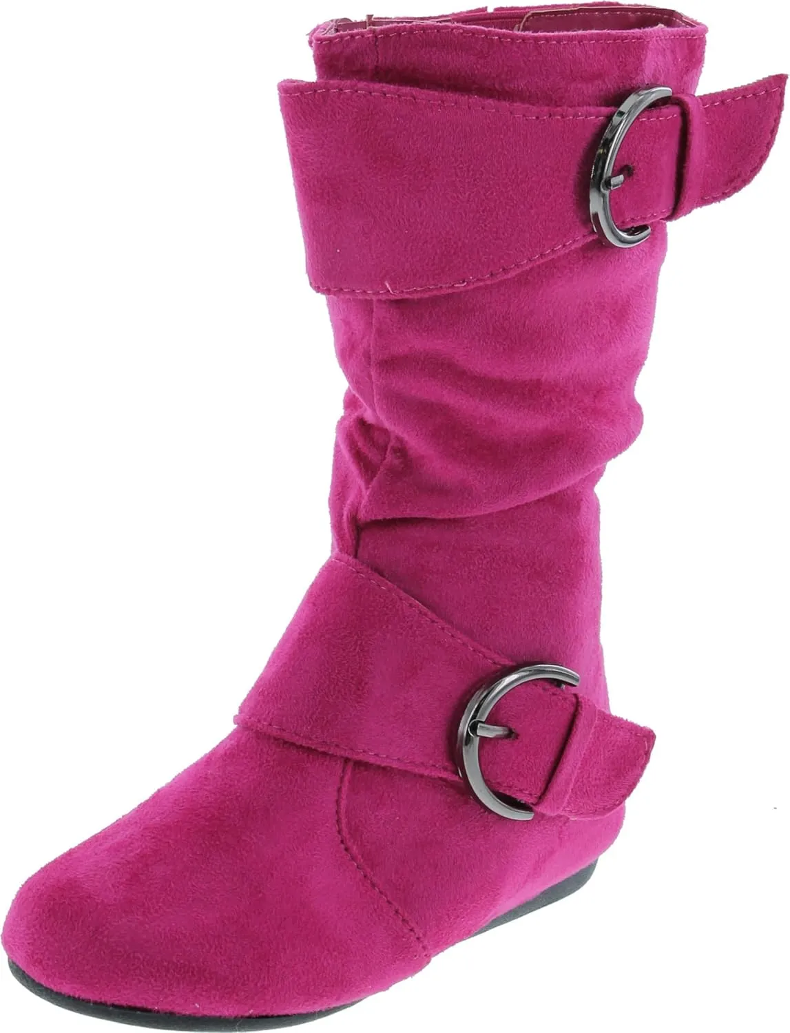 Link Klein-70K Girl's Kid's Faux Suede Two Buckle Zipper Flat Heel Mid Calf Slouchy Boot Shoes