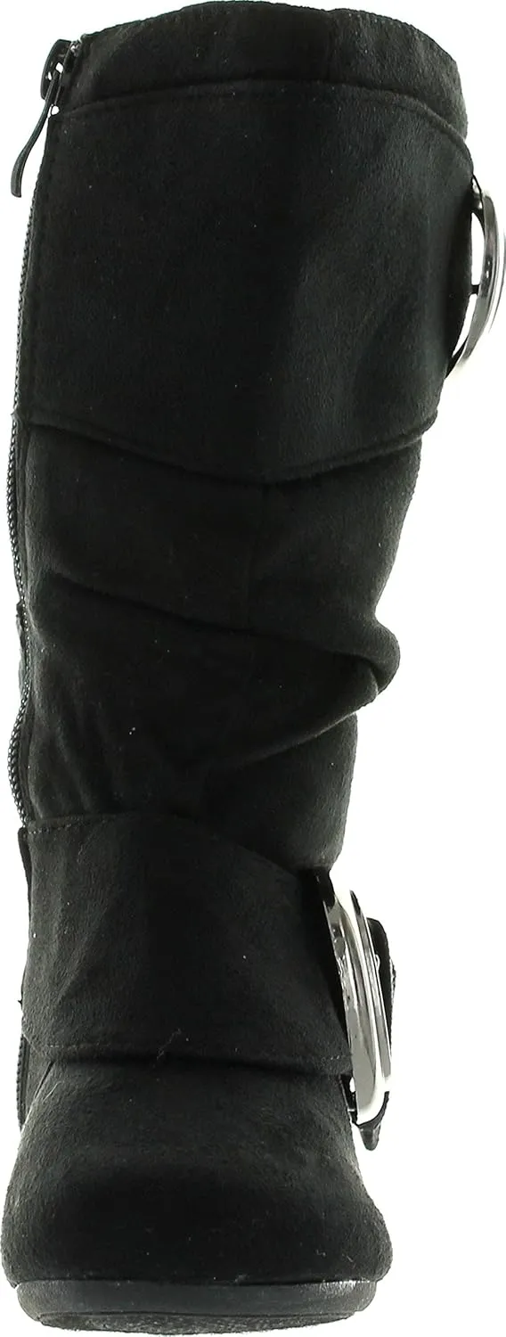 Link Klein-70K Girl's Kid's Faux Suede Two Buckle Zipper Flat Heel Mid Calf Slouchy Boot Shoes