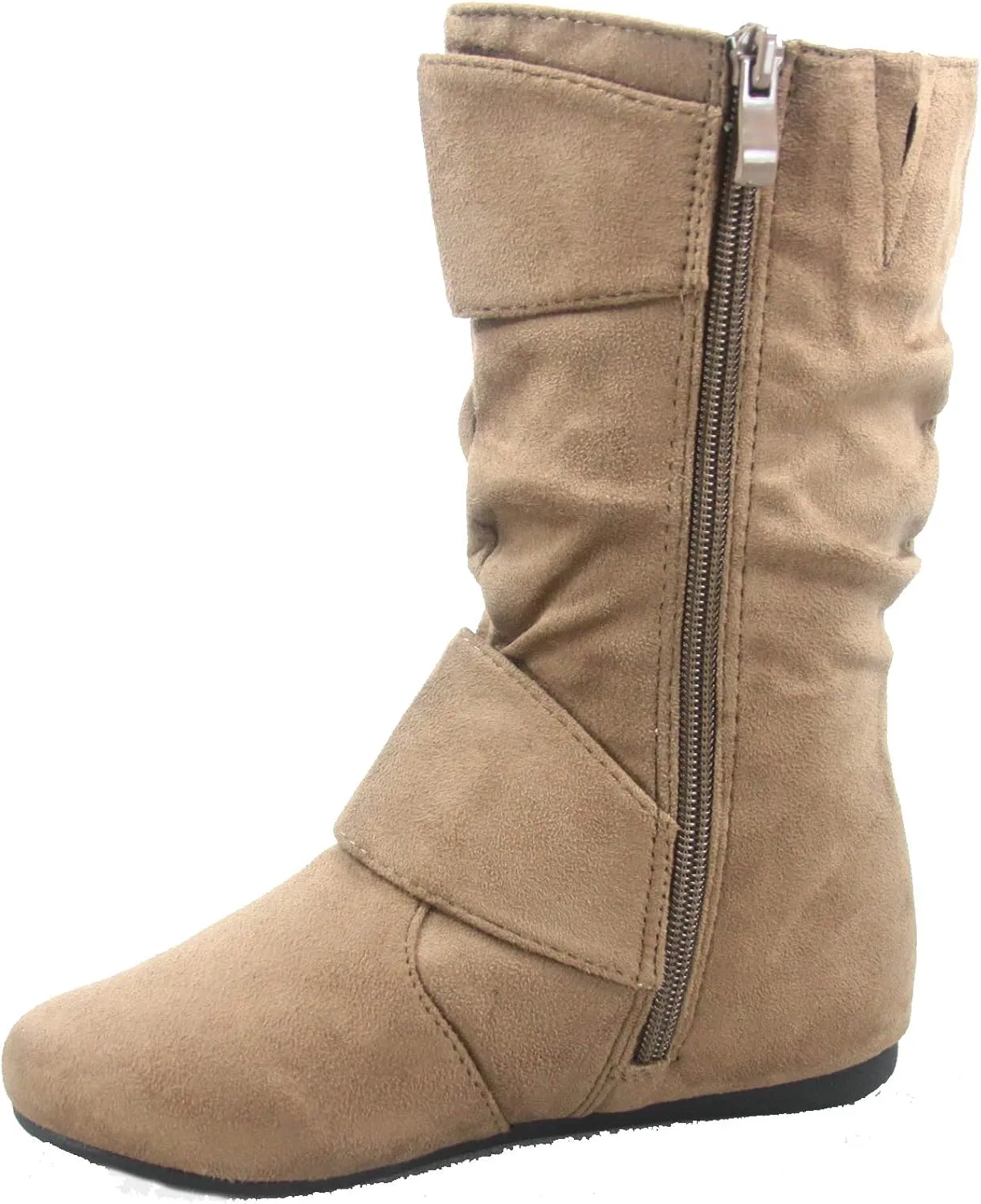 Link Klein-70K Girl's Kid's Faux Suede Two Buckle Zipper Flat Heel Mid Calf Slouchy Boot Shoes
