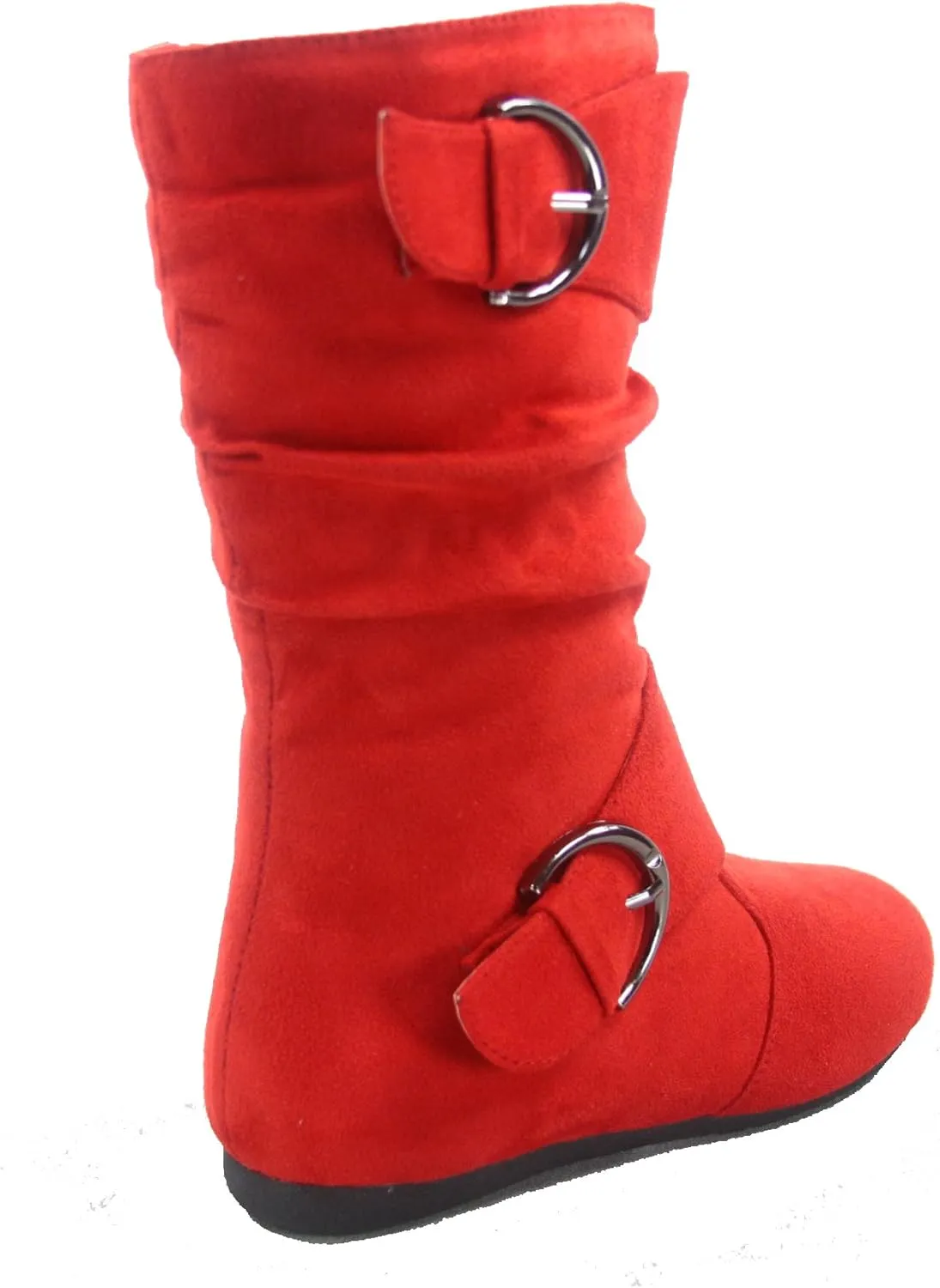 Link Klein-70K Girl's Kid's Faux Suede Two Buckle Zipper Flat Heel Mid Calf Slouchy Boot Shoes