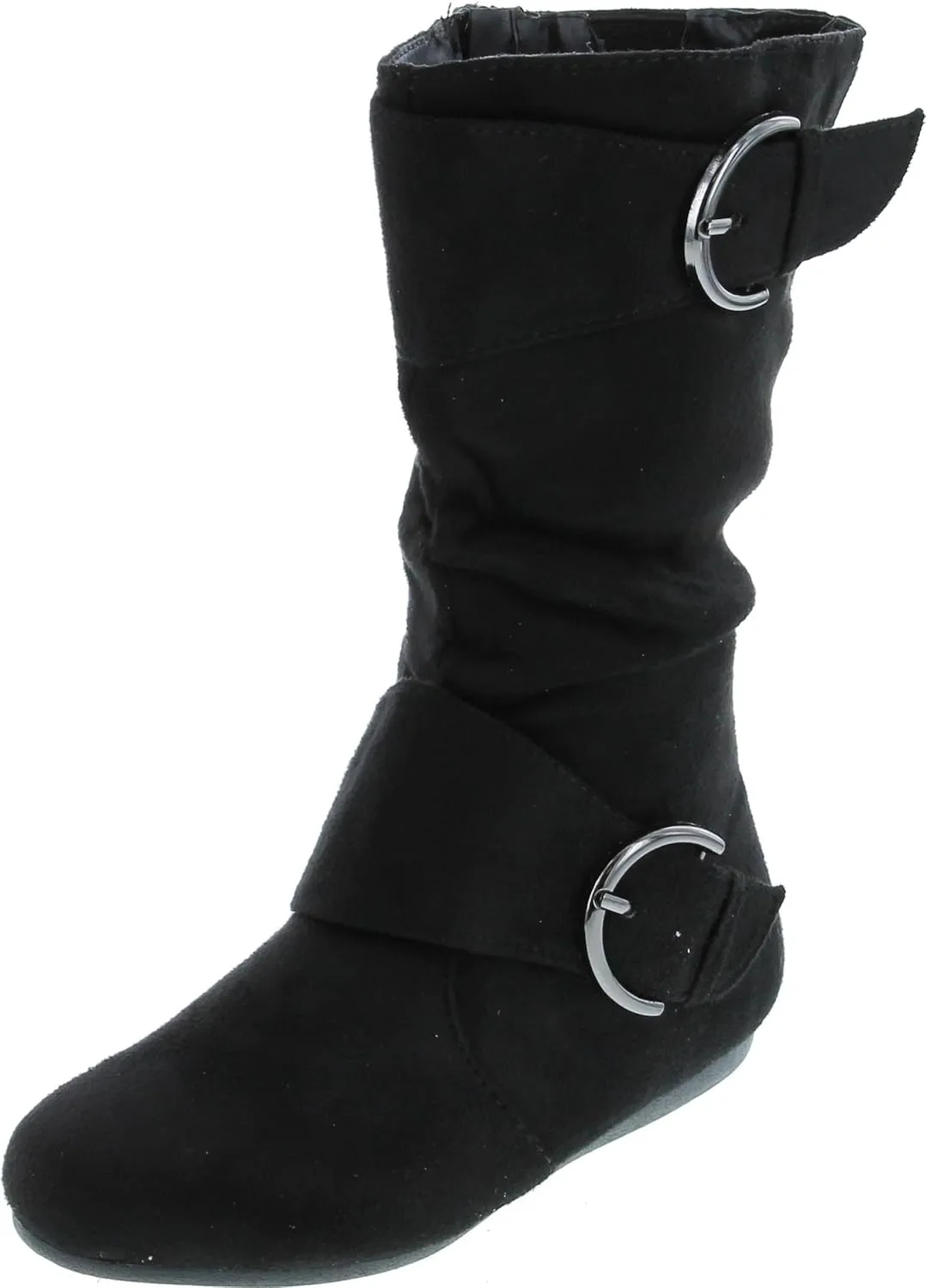 Link Klein-70K Girl's Kid's Faux Suede Two Buckle Zipper Flat Heel Mid Calf Slouchy Boot Shoes