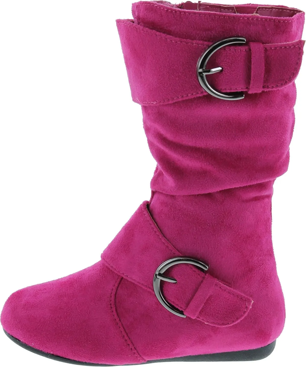 Link Klein-70K Girl's Kid's Faux Suede Two Buckle Zipper Flat Heel Mid Calf Slouchy Boot Shoes