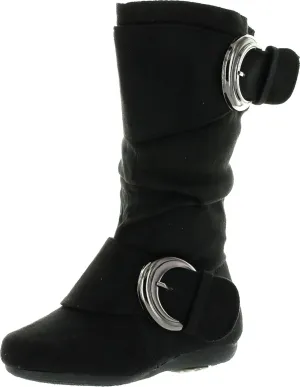 Link Klein-70K Girl's Kid's Faux Suede Two Buckle Zipper Flat Heel Mid Calf Slouchy Boot Shoes