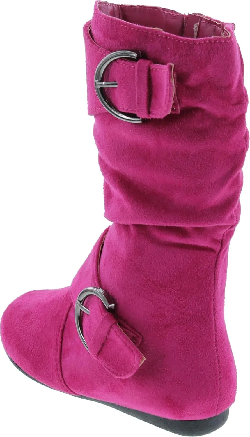 Link Klein-70K Girl's Kid's Faux Suede Two Buckle Zipper Flat Heel Mid Calf Slouchy Boot Shoes