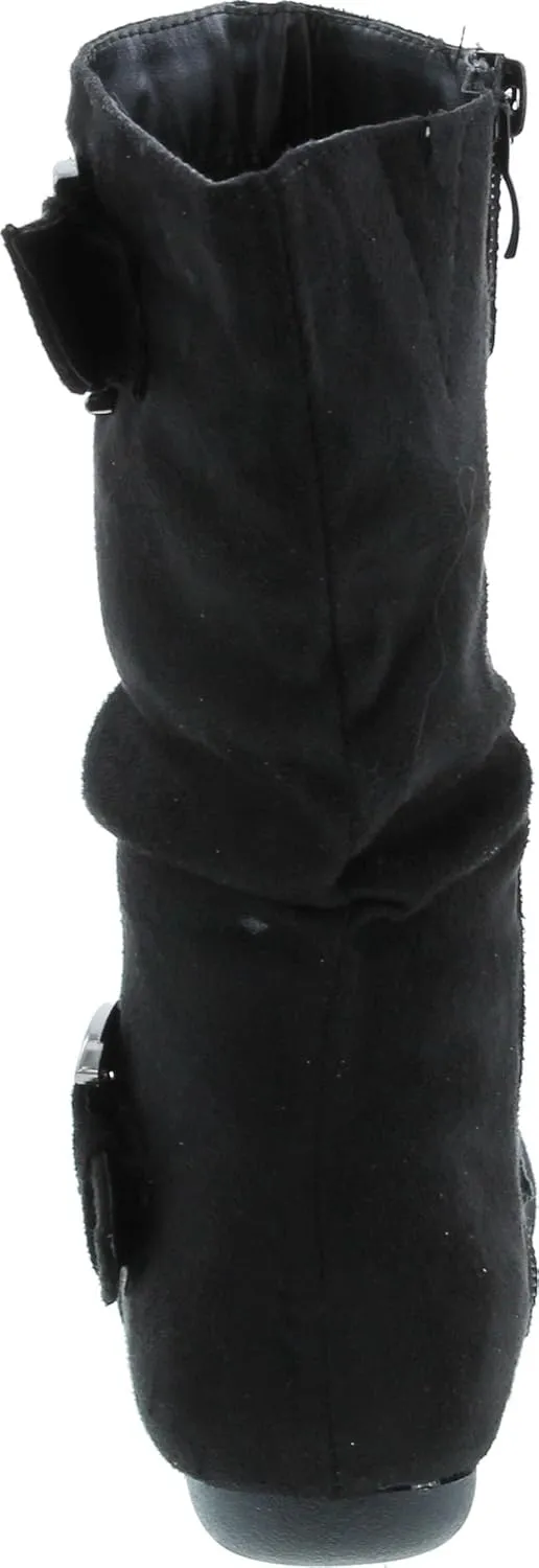 Link Klein-70K Girl's Kid's Faux Suede Two Buckle Zipper Flat Heel Mid Calf Slouchy Boot Shoes
