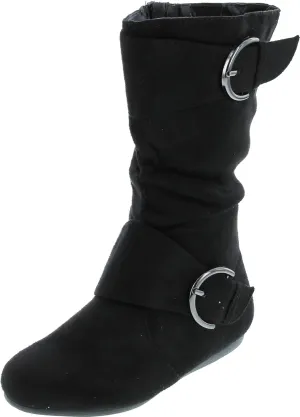 Link Klein-70K Girl's Kid's Faux Suede Two Buckle Zipper Flat Heel Mid Calf Slouchy Boot Shoes