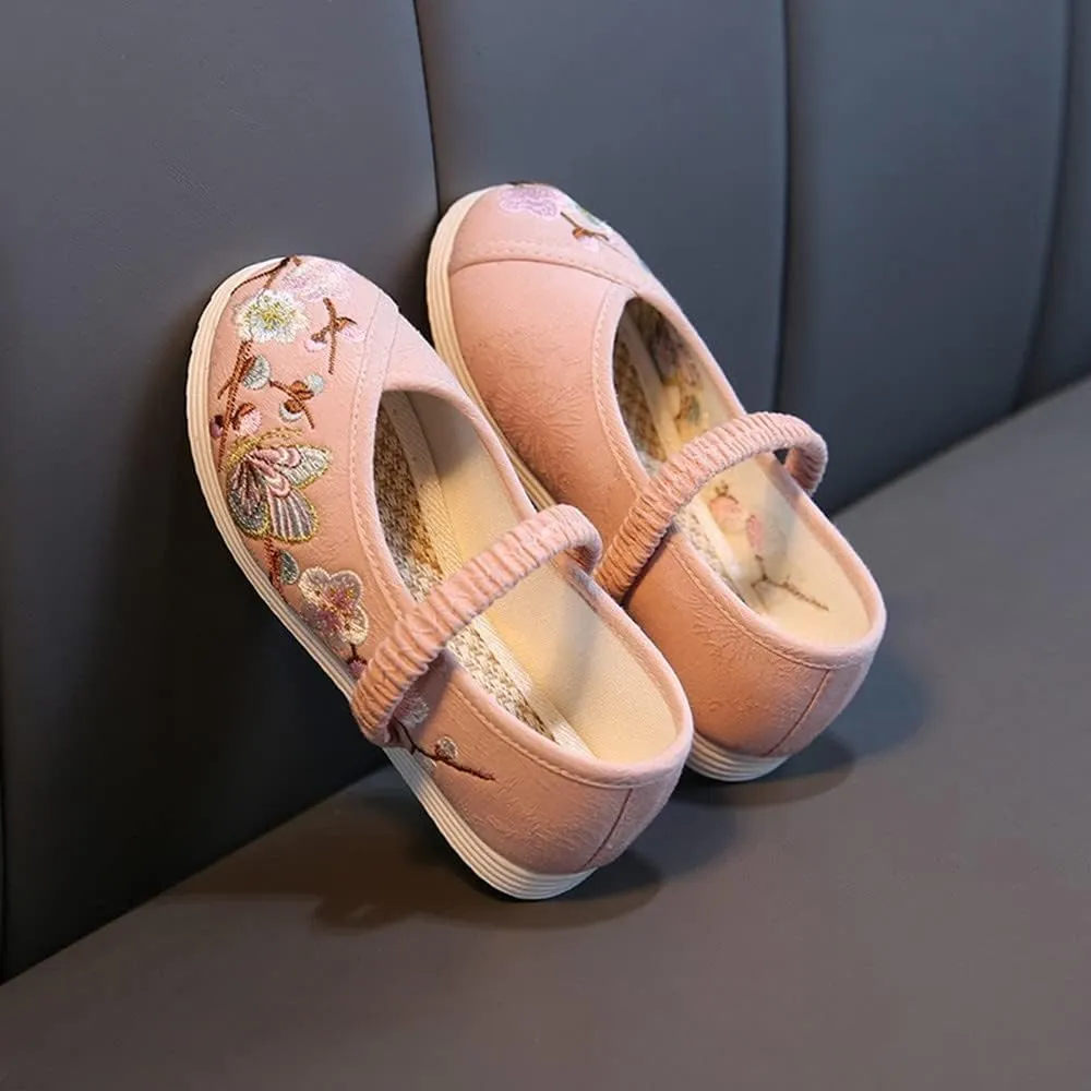 Little Girl Mary Jane Dance Shoe Ballet Sport Shoes Beijing Cloth Shoe Chinese Traditional Floral Butterfly Embroidery Shoe Princess Dress Flats Shoes