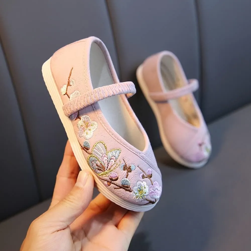 Little Girl Mary Jane Dance Shoe Ballet Sport Shoes Beijing Cloth Shoe Chinese Traditional Floral Butterfly Embroidery Shoe Princess Dress Flats Shoes