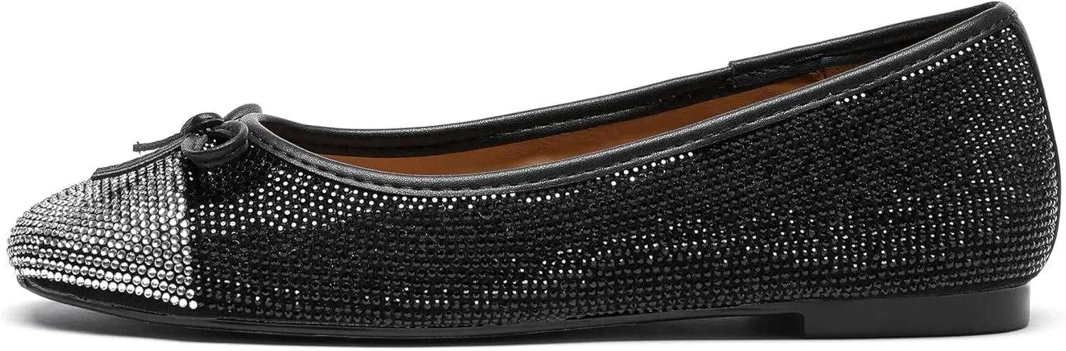 Lryweisy Women's Glitter Flats Mesh Mary Jane with Rhinestones Comfortable Dressy Shoes