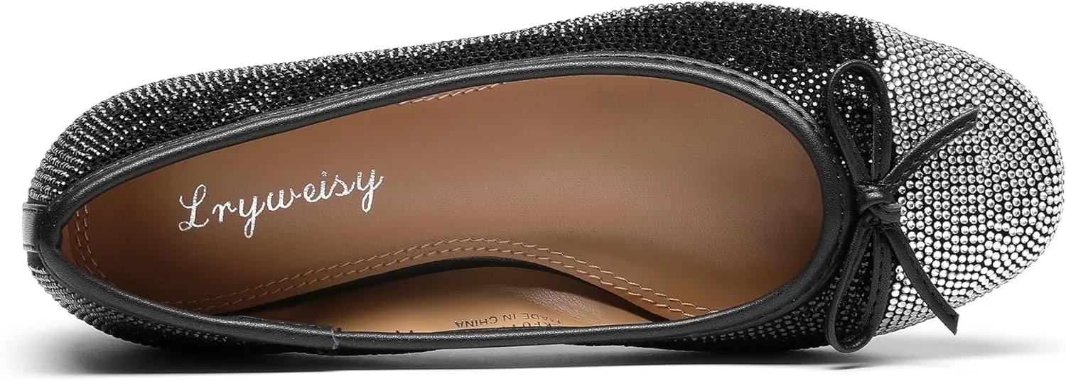 Lryweisy Women's Glitter Flats Mesh Mary Jane with Rhinestones Comfortable Dressy Shoes