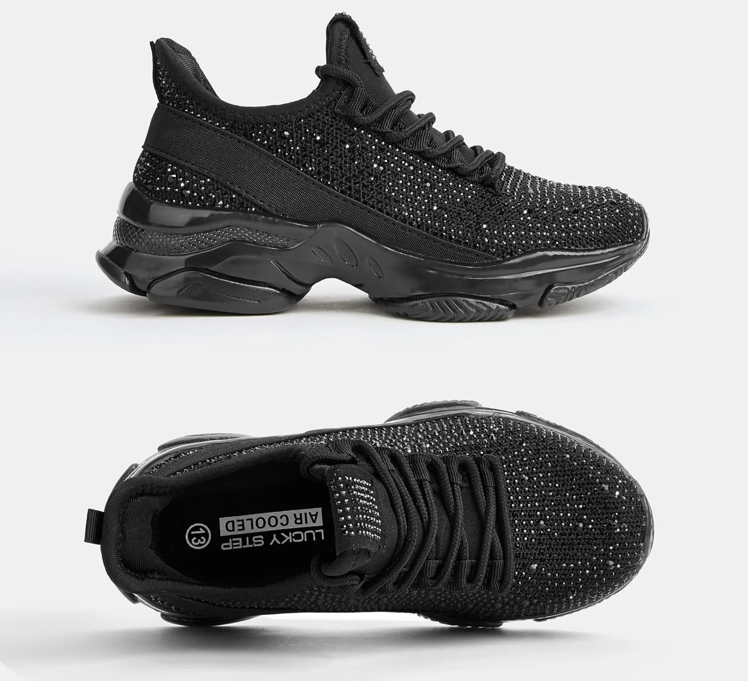 LUCKY STEP Girls Rhinestone Slip On Sneakers Kids Sparkly Lightweight Tennis School Knit Jelly Sole Glitter Walking Shoes Toddler