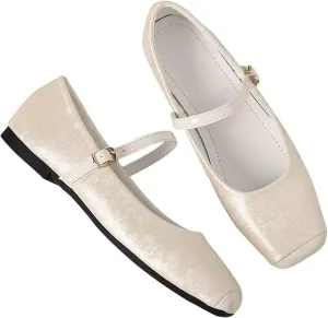 LUXINYU Mary Jane Shoes for Women Square Toe Ankle Straps Ballet Flat Shoes Floral Embroidered Chinese Shoes