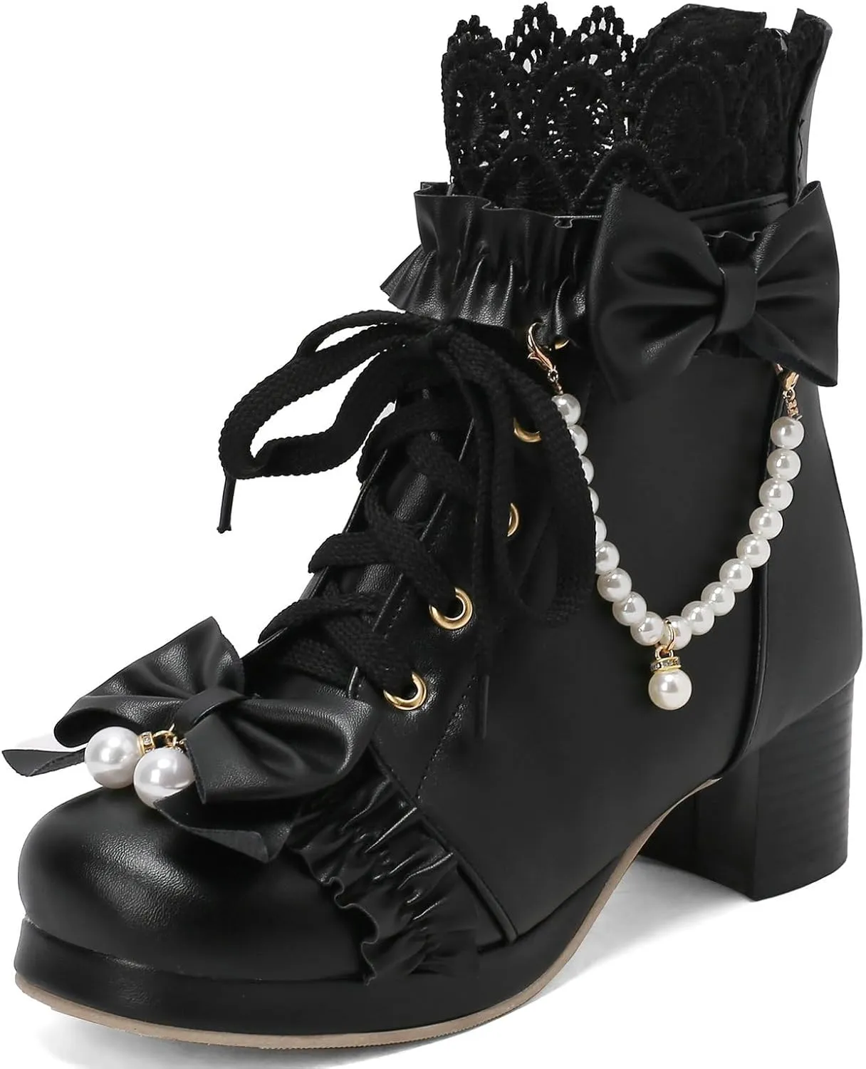 LUXMAX Women Cute Lolita Boots Chunky Mid Heel Ankle Boots with Bow Platform Lace Up Booties with Pearl