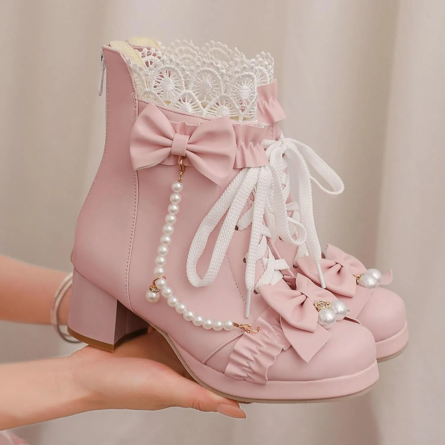 LUXMAX Women Cute Lolita Boots Chunky Mid Heel Ankle Boots with Bow Platform Lace Up Booties with Pearl