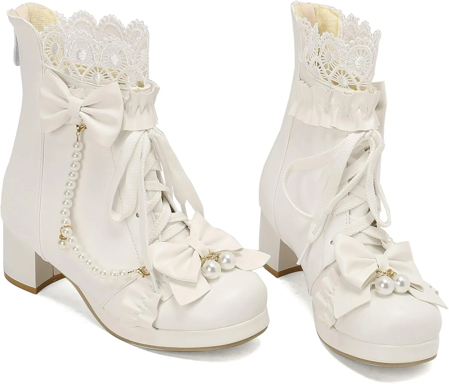 LUXMAX Women Cute Lolita Boots Chunky Mid Heel Ankle Boots with Bow Platform Lace Up Booties with Pearl
