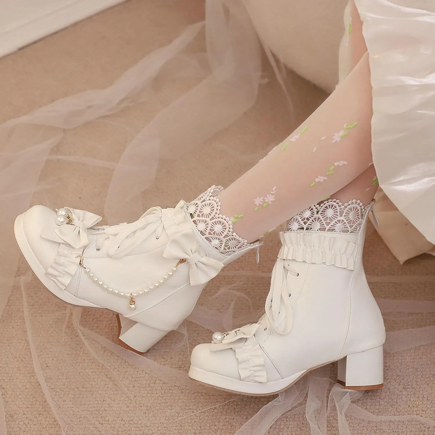 LUXMAX Women Cute Lolita Boots Chunky Mid Heel Ankle Boots with Bow Platform Lace Up Booties with Pearl
