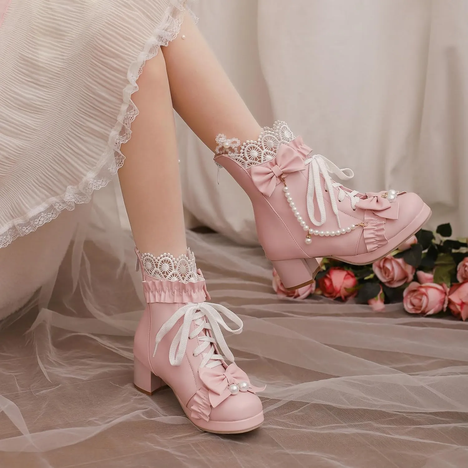 LUXMAX Women Cute Lolita Boots Chunky Mid Heel Ankle Boots with Bow Platform Lace Up Booties with Pearl