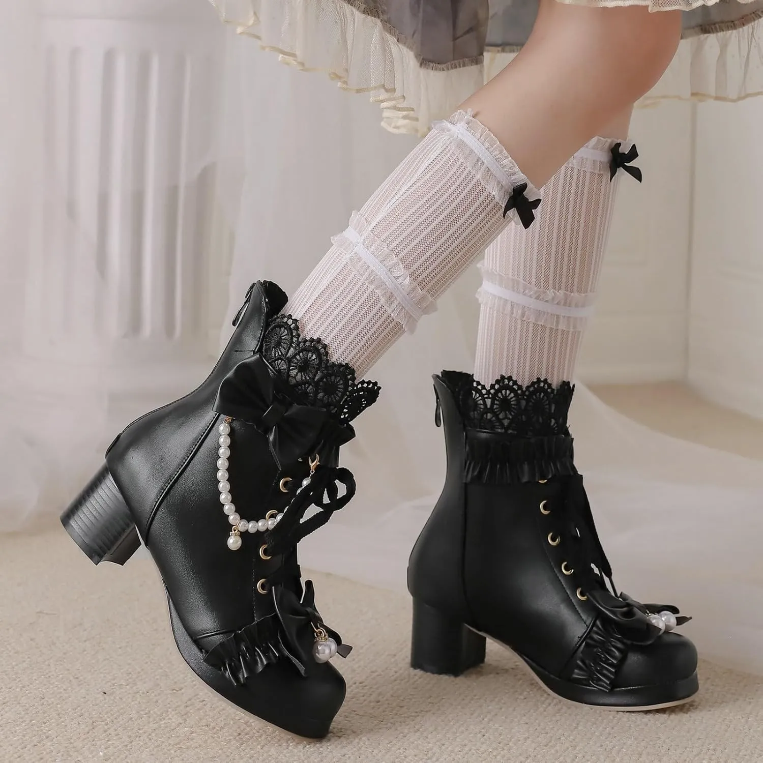 LUXMAX Women Cute Lolita Boots Chunky Mid Heel Ankle Boots with Bow Platform Lace Up Booties with Pearl