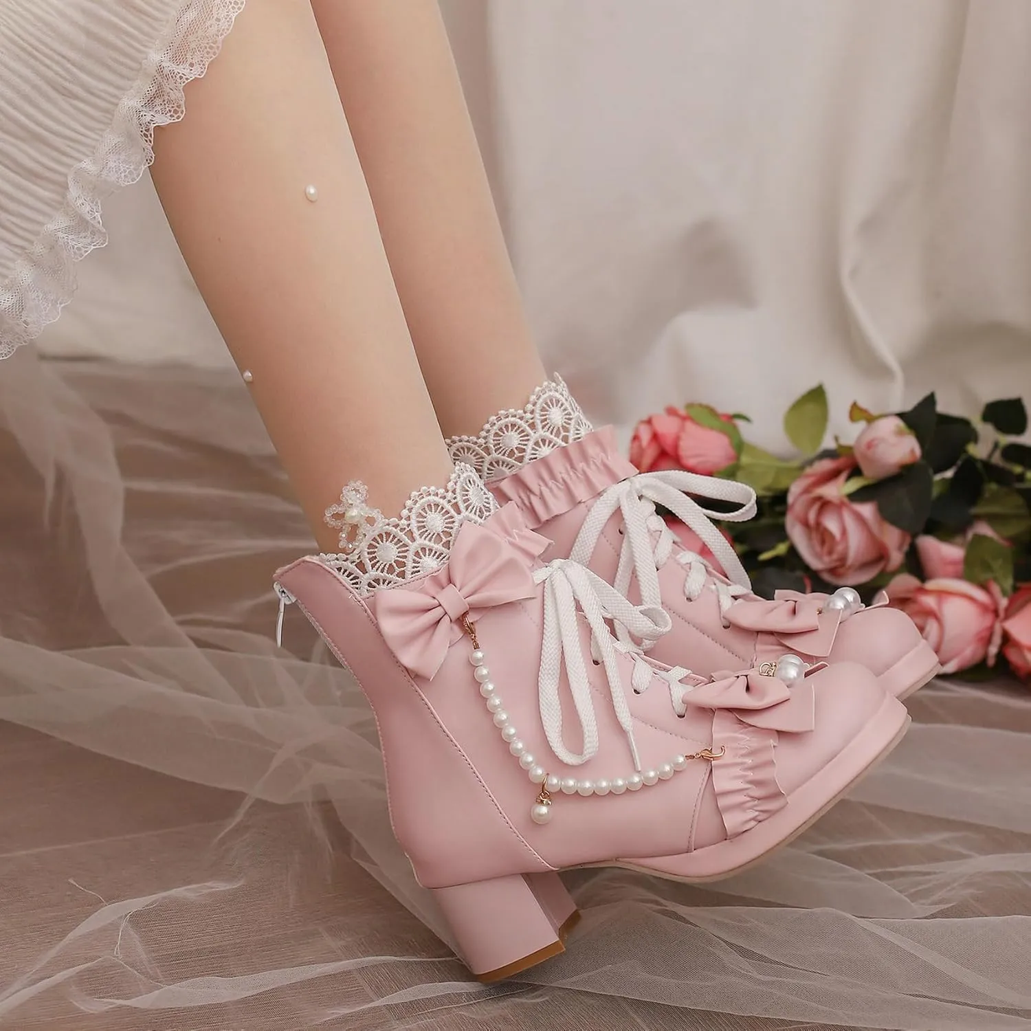 LUXMAX Women Cute Lolita Boots Chunky Mid Heel Ankle Boots with Bow Platform Lace Up Booties with Pearl