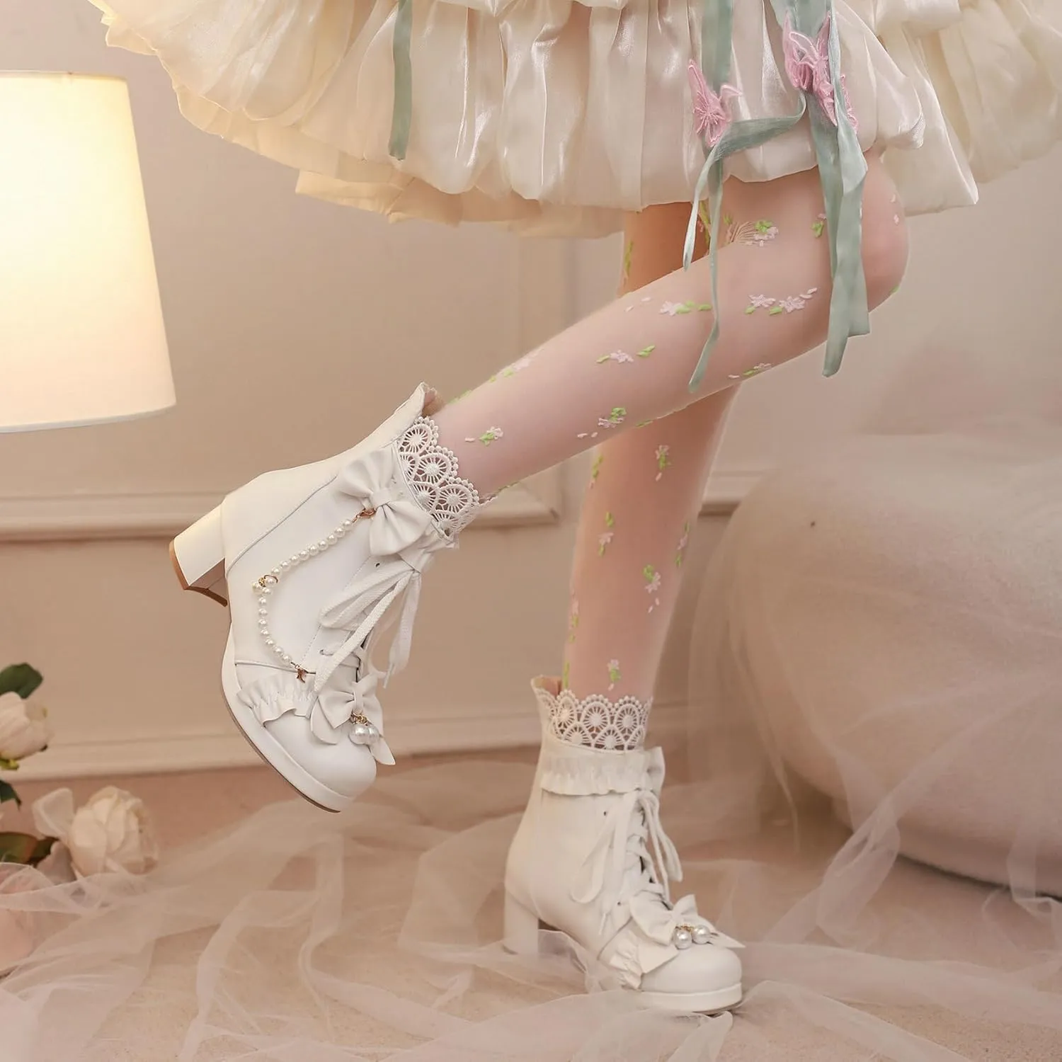 LUXMAX Women Cute Lolita Boots Chunky Mid Heel Ankle Boots with Bow Platform Lace Up Booties with Pearl
